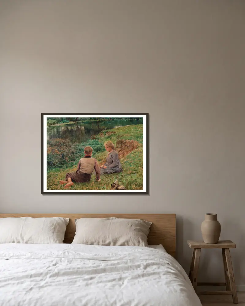 Children in a landscape av Emile Claus inramad på en vägg