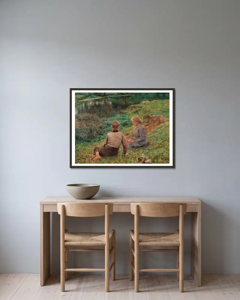 Children in a landscape av Emile Claus inramad på en vägg