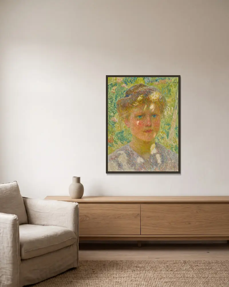 Flicka med blont hår av Emile Claus inramad på en vägg
