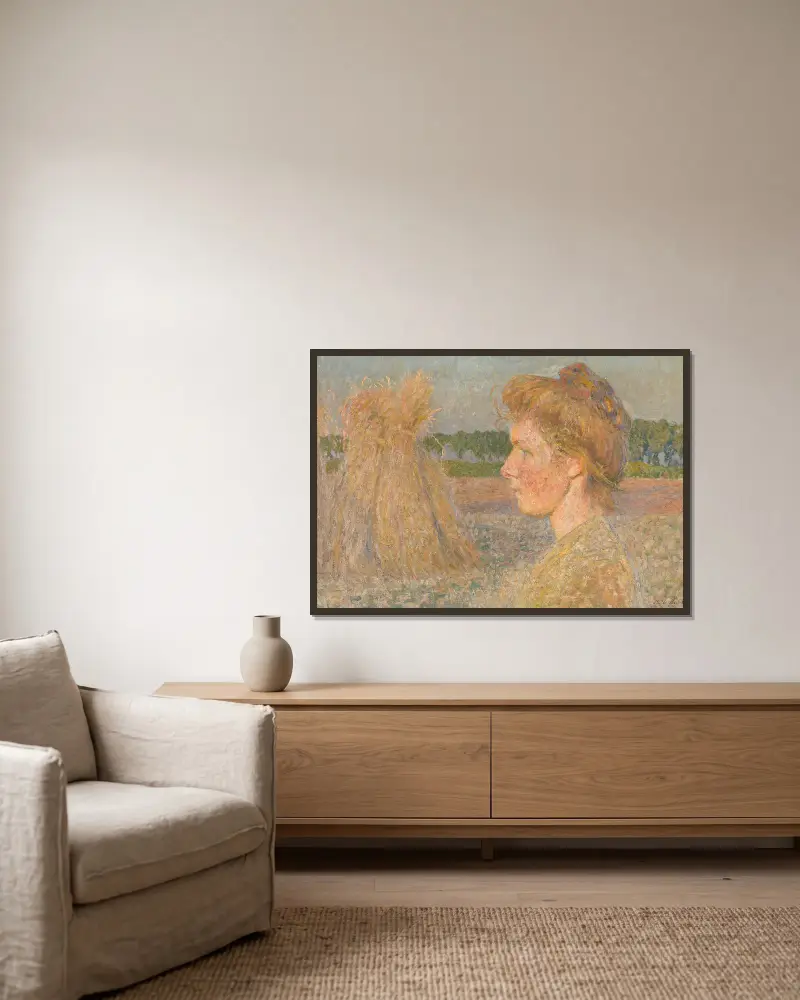 Profil av en kvinna och vetekärvar av Emile Claus inramad på en vägg
