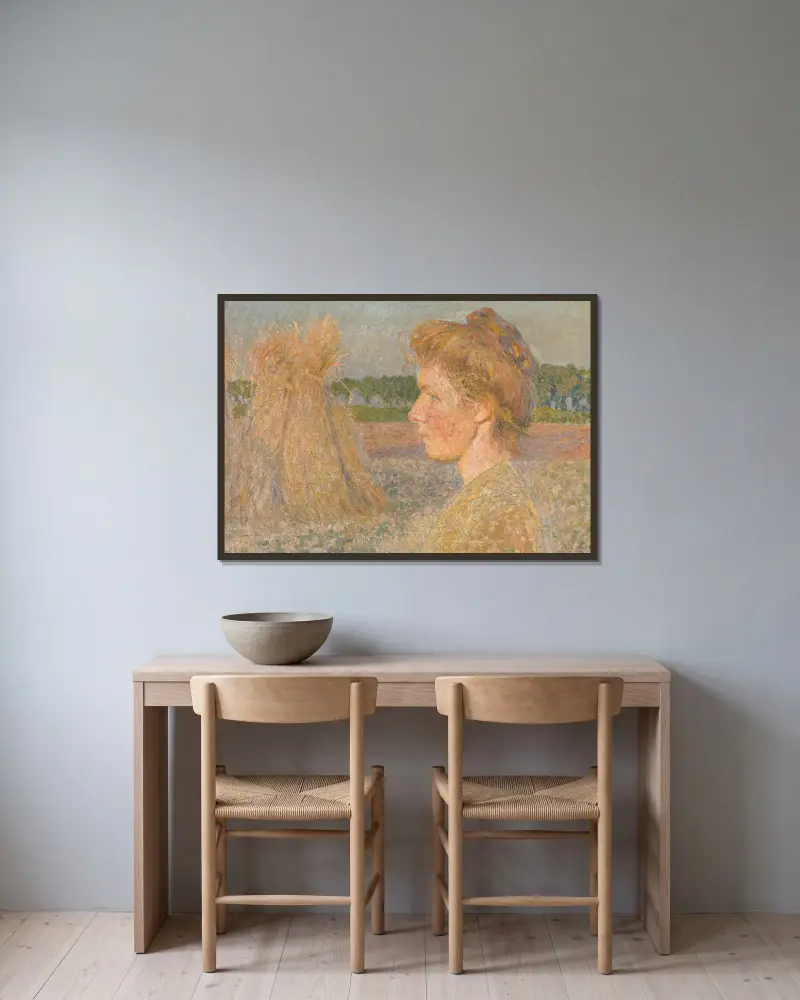 Profil av en kvinna och vetekärvar av Emile Claus inramad på en vägg