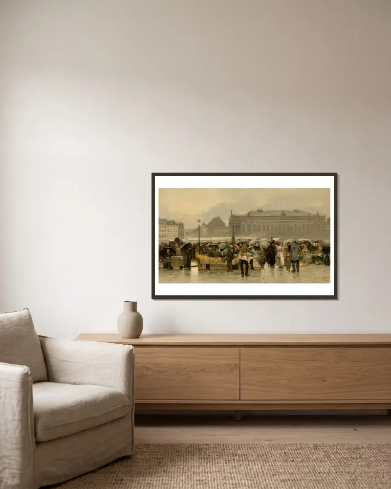 Der Markt vor dem Theater in Antwerpen von Emile Claus gerahmt an einer Wand