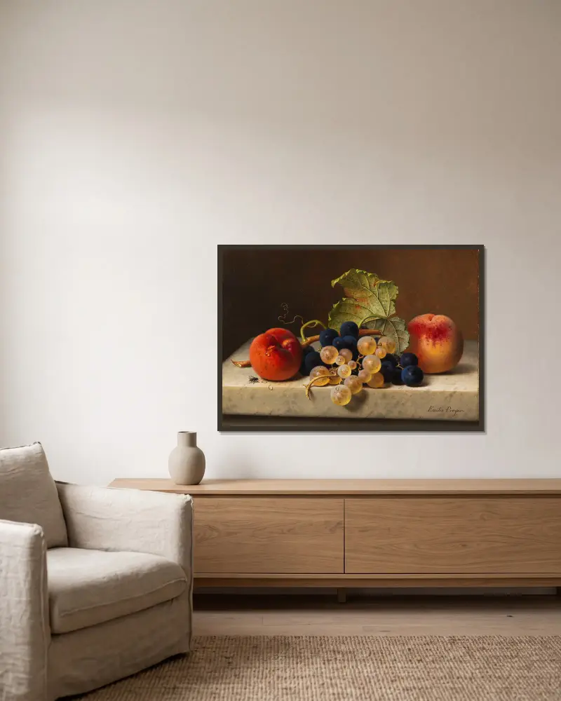 Fruit still life with two peaches and blue and green grapes on the branch and a vine leaf on a marble table top av Emilie Preyer inramad på en vägg