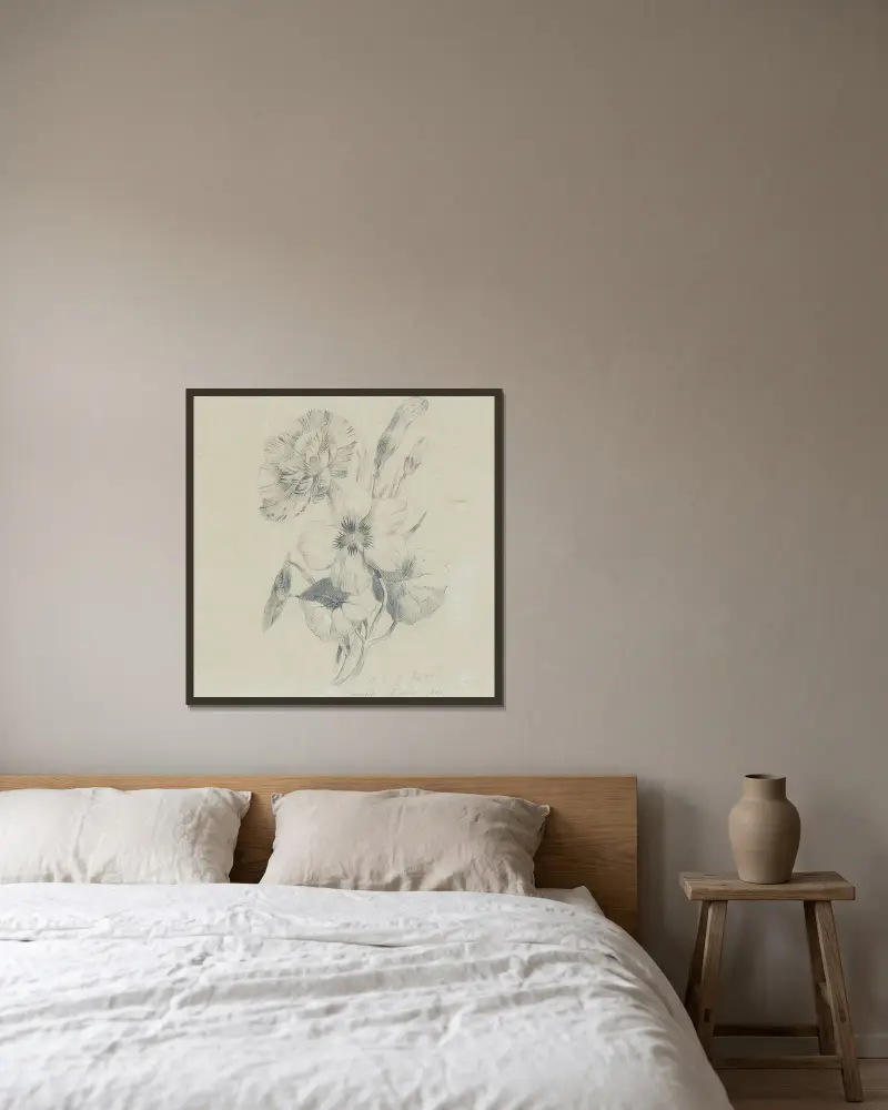 Nejlikblommor och knoppar av Emilie Preyer inramad på en vägg