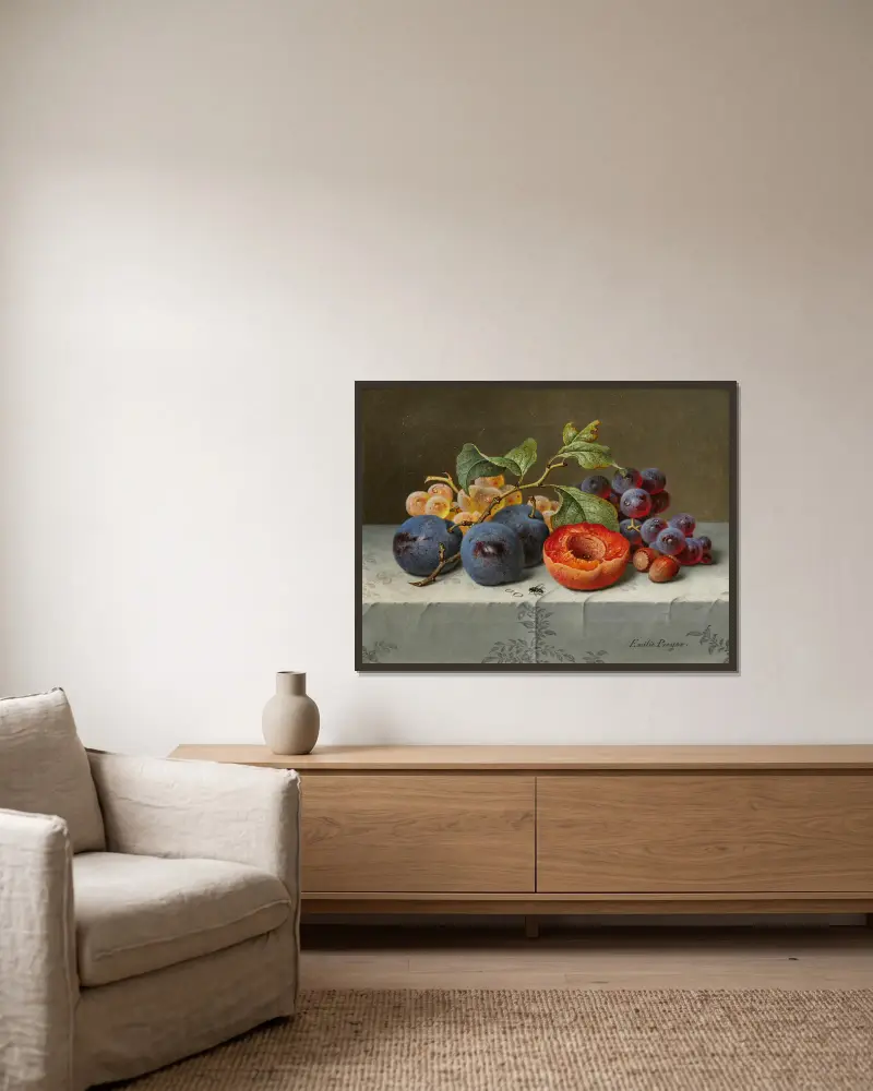 Stillleben mit Früchten, Nr. 2 von Emilie Preyer gerahmt an einer Wand