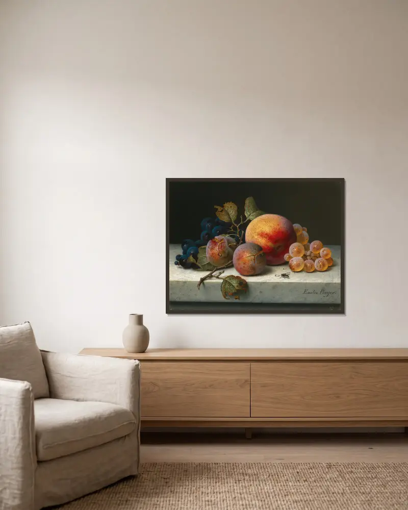 Still Life with Peach, Plums, Grapes and a Fly av Emilie Preyer inramad på en vägg