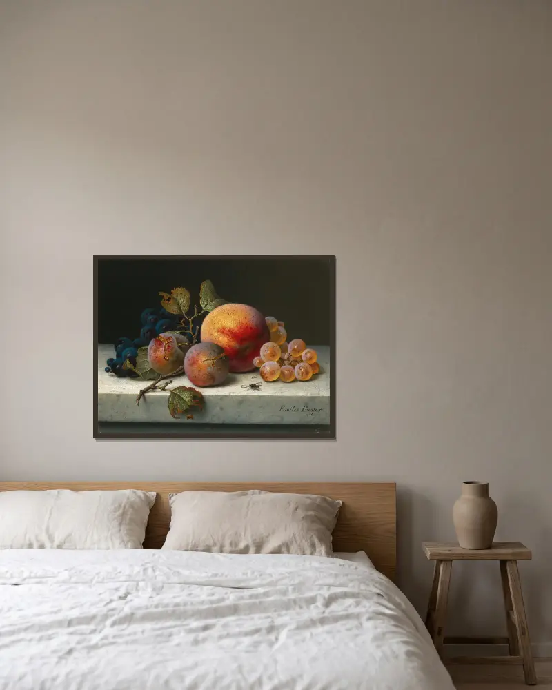 Still Life with Peach, Plums, Grapes and a Fly av Emilie Preyer inramad på en vägg