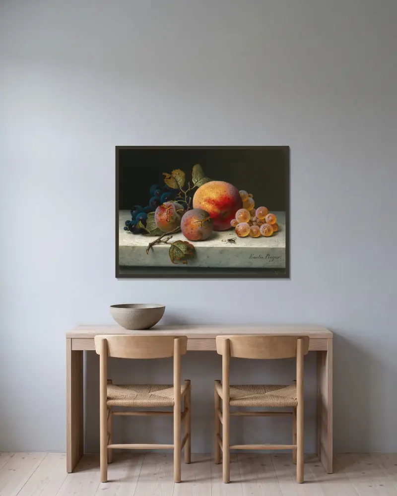 Still Life with Peach, Plums, Grapes and a Fly av Emilie Preyer inramad på en vägg