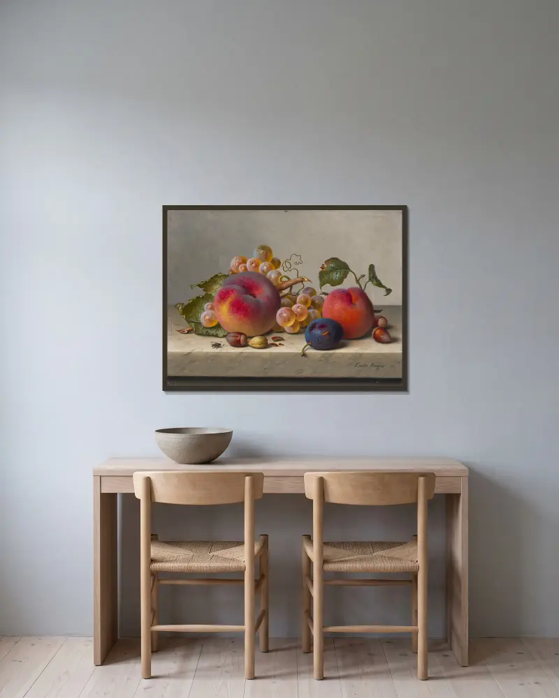 Stilleben med persikor, plommon, vindruvor och hasselnötter på ett bord av Emilie Preyer inramad på en vägg