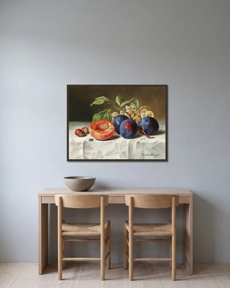 Still Life with Peaches, Red Grapes, Hazelnuts and a Wasp. – nr 2 av Emilie Preyer inramad på en vägg