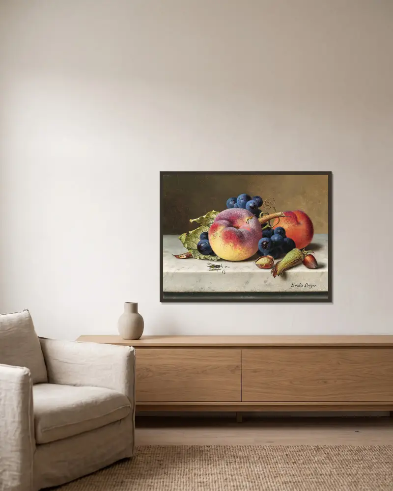 Still Life with Peaches, Red Grapes, Hazelnuts and a Wasp – nr 1 av Emilie Preyer inramad på en vägg