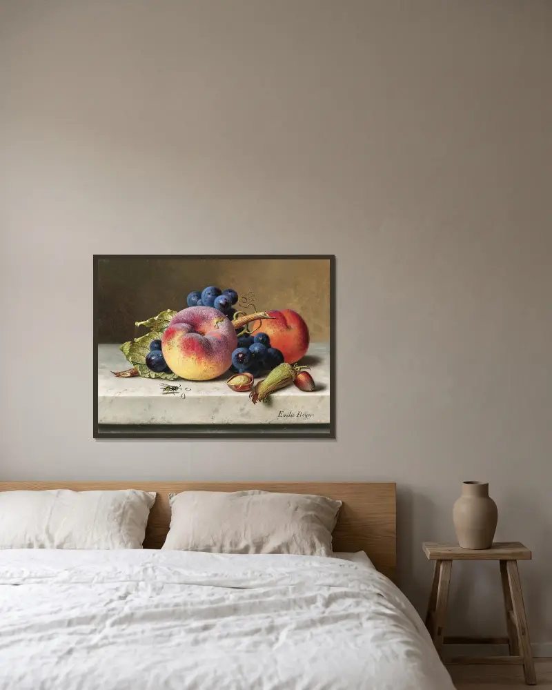 Still Life with Peaches, Red Grapes, Hazelnuts and a Wasp – nr 1 av Emilie Preyer inramad på en vägg