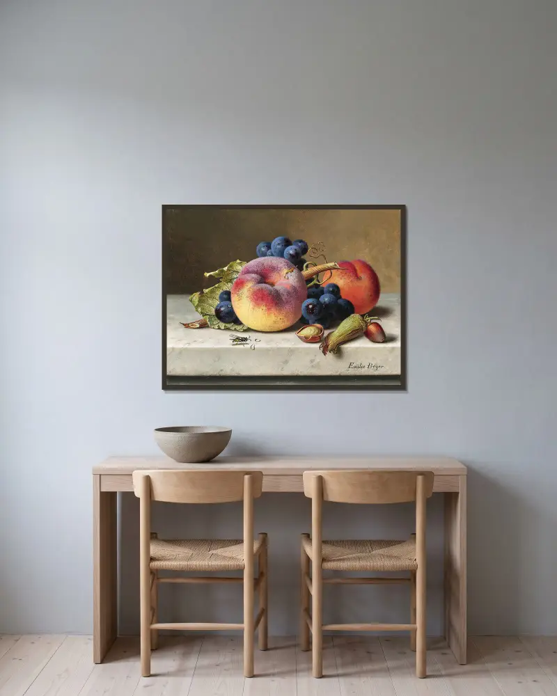 Still Life with Peaches, Red Grapes, Hazelnuts and a Wasp – nr 1 av Emilie Preyer inramad på en vägg