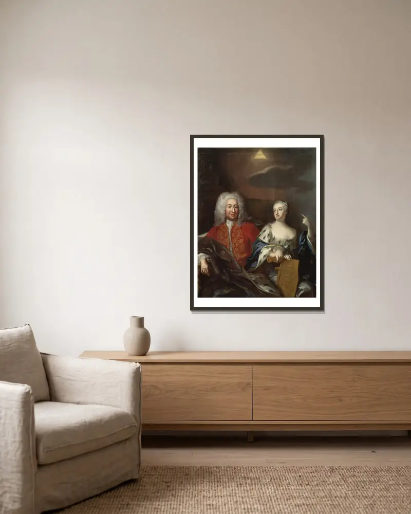 Fredrik I, 1676–1751, kung av Sverige, och hans gemål Ulrika Eleonora den yngre, 1688–1741, drottning av Sverige av Georg Engelhard Schröder inramad på en vägg
