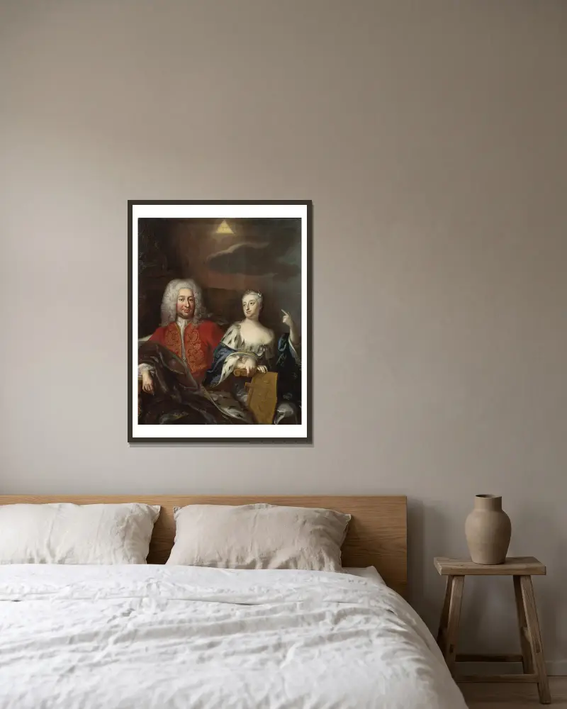 Fredrik I, 1676–1751, kung av Sverige, och hans gemål Ulrika Eleonora den yngre, 1688–1741, drottning av Sverige av Georg Engelhard Schröder inramad på en vägg