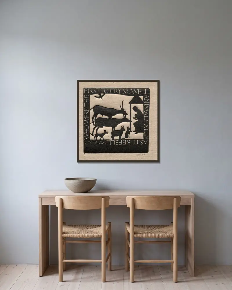 Djuren alla; som först ropade Nowell av Eric Gill inramad på en vägg