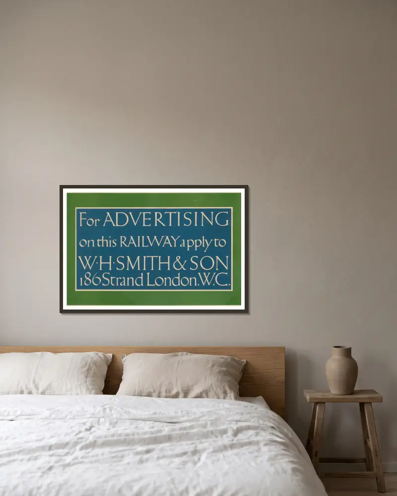För reklam på järnvägen vänd dig till W. H. Smith & Son av Eric Gill inramad på en vägg