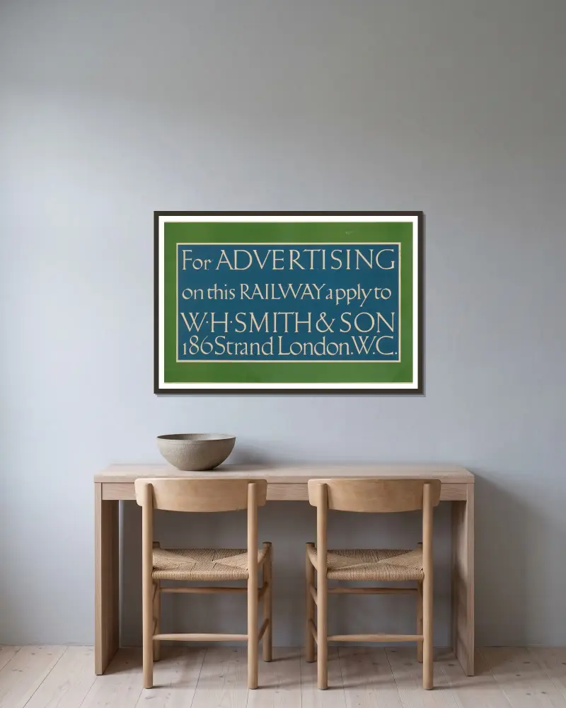 För reklam på järnvägen vänd dig till W. H. Smith & Son av Eric Gill inramad på en vägg