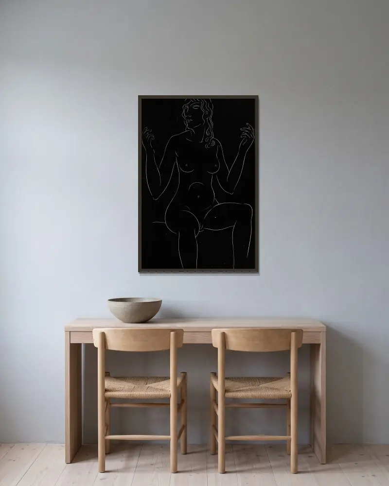 Twenty-five nudes Pl 12 av Eric Gill inramad på en vägg