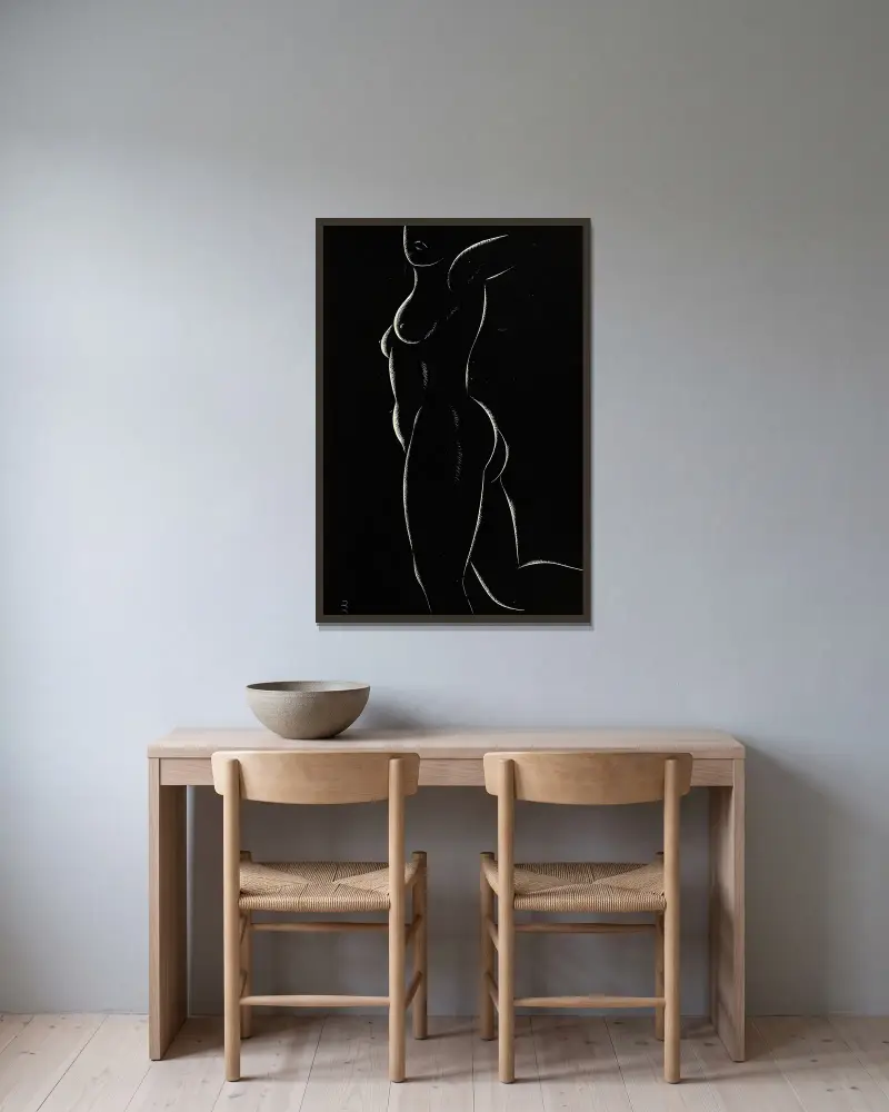 Twenty-five nudes Pl 16 av Eric Gill inramad på en vägg