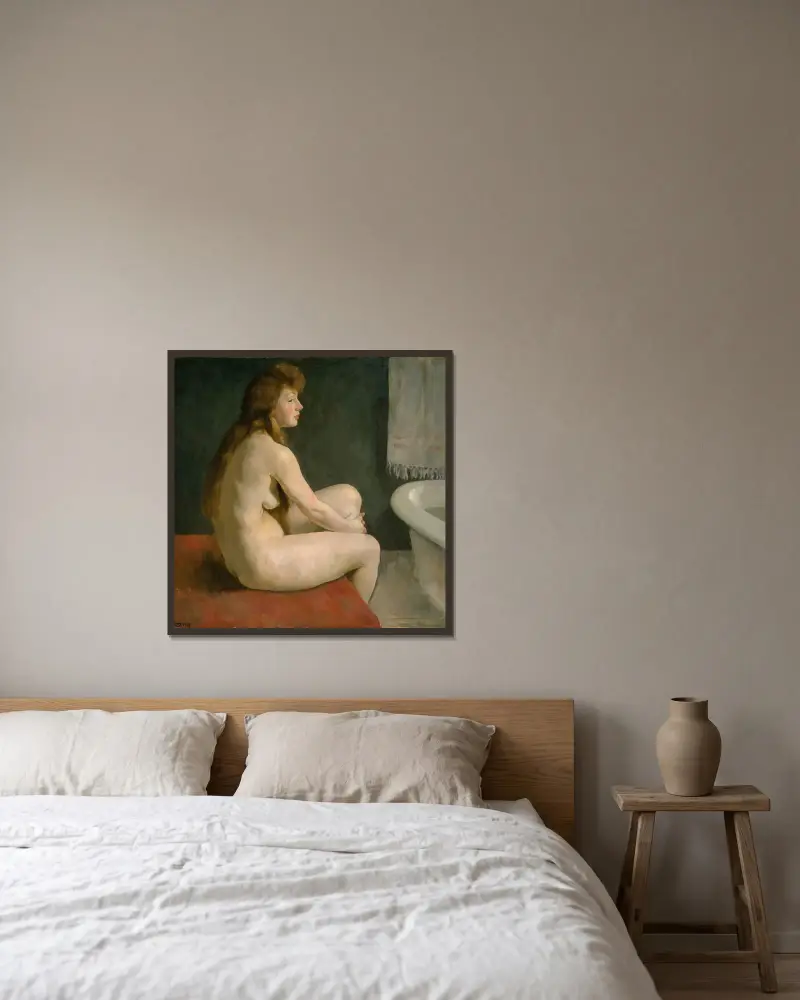 Female Nude av Erik Werenskiold inramad på en vägg