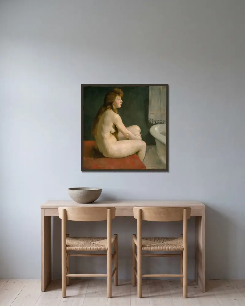 Female Nude av Erik Werenskiold inramad på en vägg