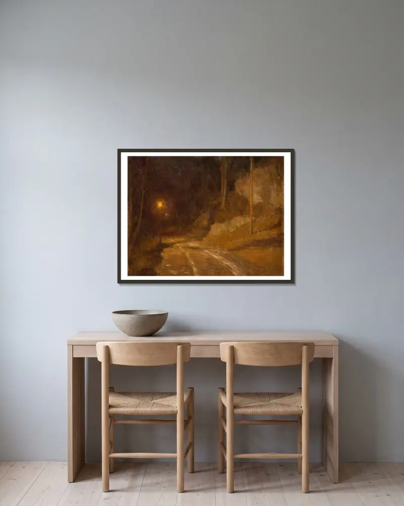Lamp Light av Erik Werenskiold inramad på en vägg
