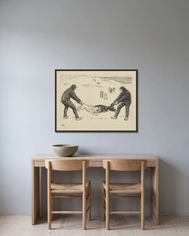 Unsere kämpfenden Hunde von Erik Werenskiold gerahmt an einer Wand