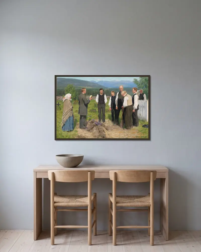 Peasant Burial av Erik Werenskiold inramad på en vägg