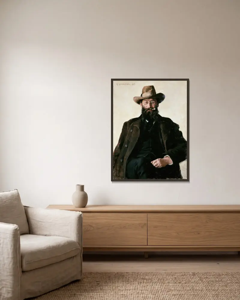 Porträt von Professor Amund Helland von Erik Werenskiold gerahmt an einer Wand