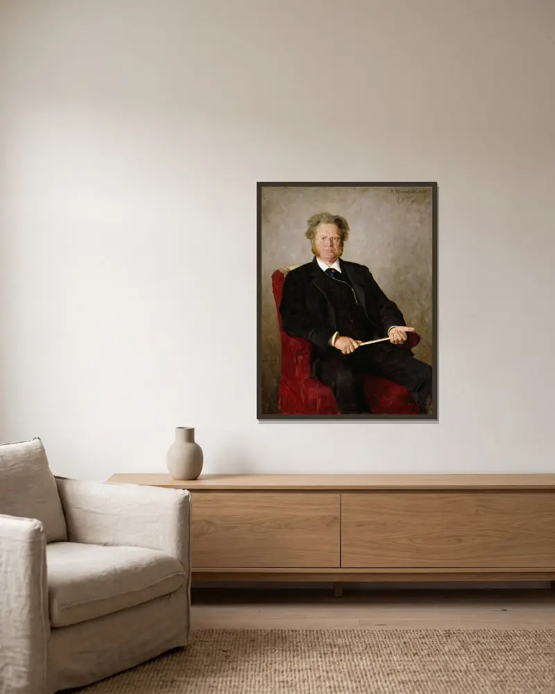 Porträtt av poeten Bjørnstjerne Bjørnson, 1885 av Erik Werenskiold inramad på en vägg