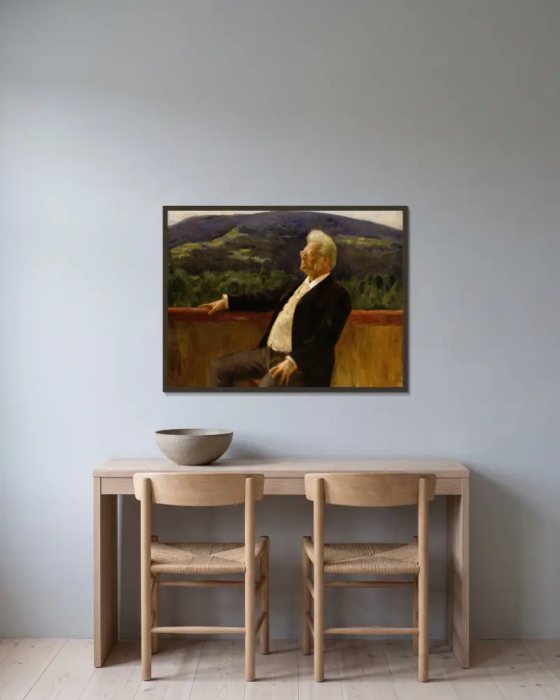 Porträtt av poeten Bjørnstjerne Bjørnson – nr 1 av Erik Werenskiold inramad på en vägg