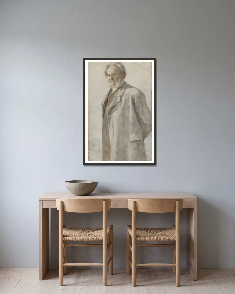 Porträtt av poeten Henrik Ibsen av Erik Werenskiold inramad på en vägg