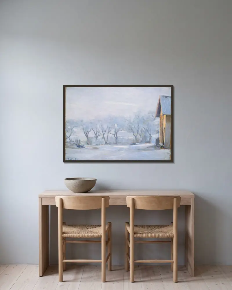 Weißer Frost von Erik Werenskiold gerahmt an einer Wand