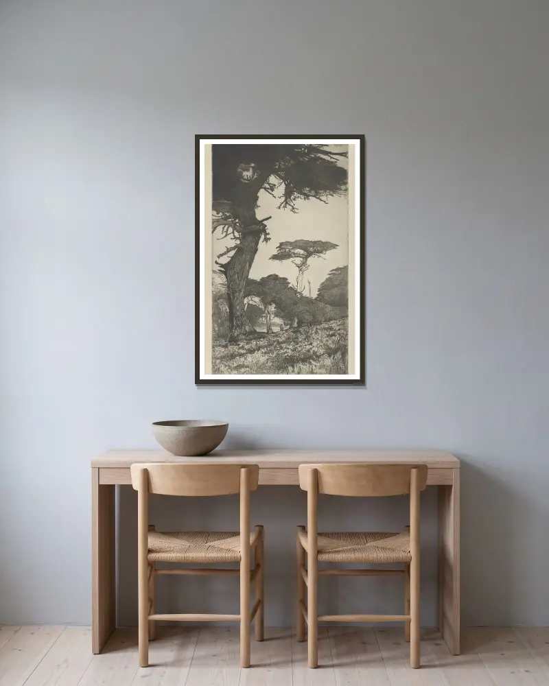 Cypress Vale av Ernest Haskell inramad på en vägg