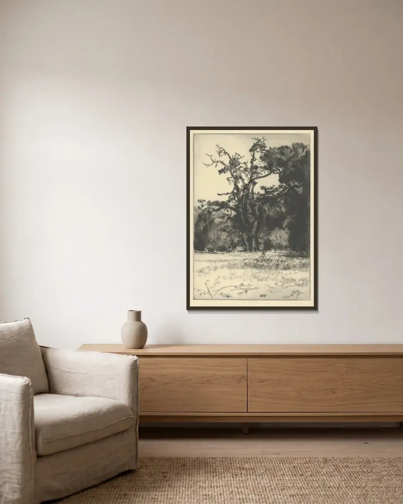 Dying White Oak av Ernest Haskell inramad på en vägg
