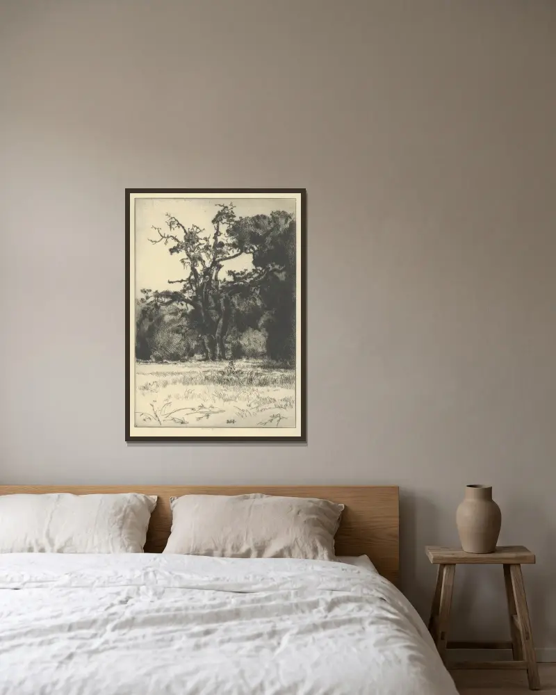 Dying White Oak av Ernest Haskell inramad på en vägg