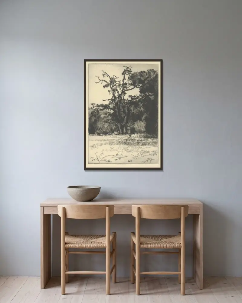 Dying White Oak av Ernest Haskell inramad på en vägg