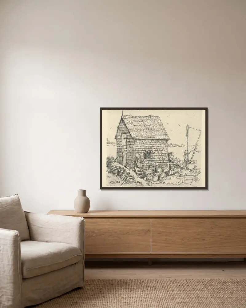 Fish House Idyll av Ernest Haskell inramad på en vägg