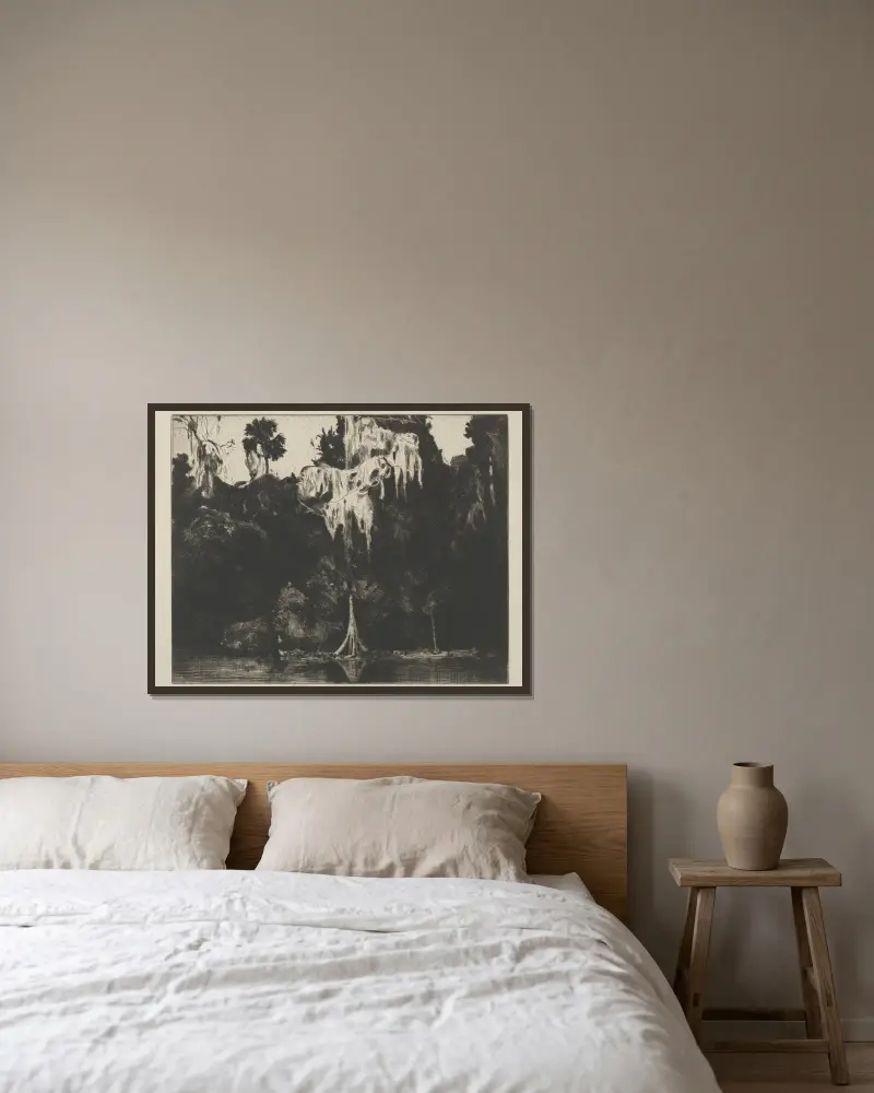 Ghost Cypress av Ernest Haskell inramad på en vägg