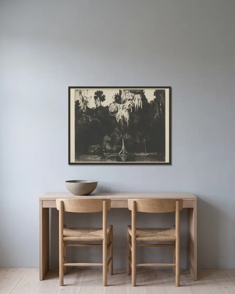 Ghost Cypress av Ernest Haskell inramad på en vägg