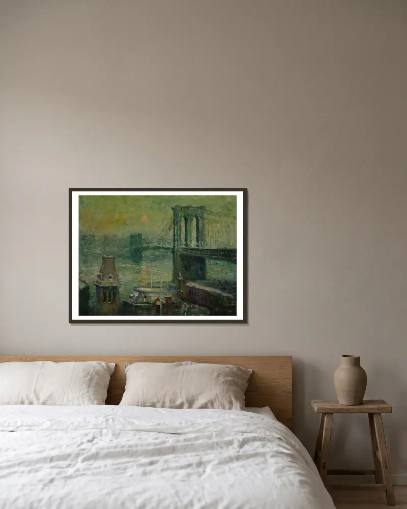 Brooklyn Bridge av Ernest Lawson inramad på en vägg