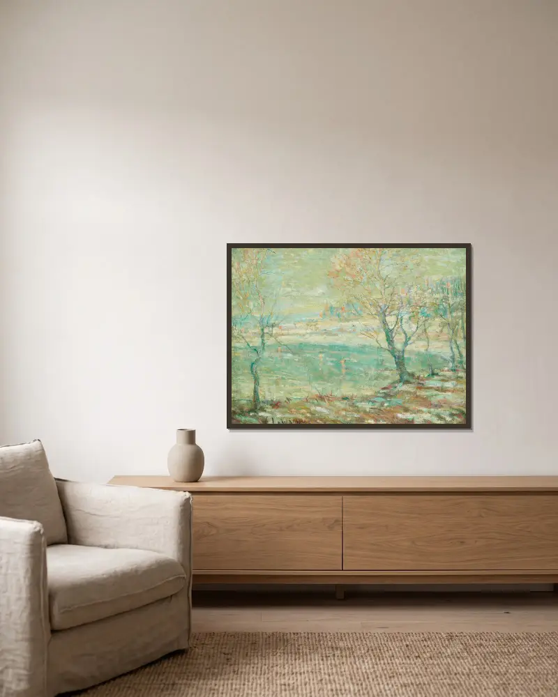 Inwood vid Hudsonfloden, i snö av Ernest Lawson inramad på en vägg