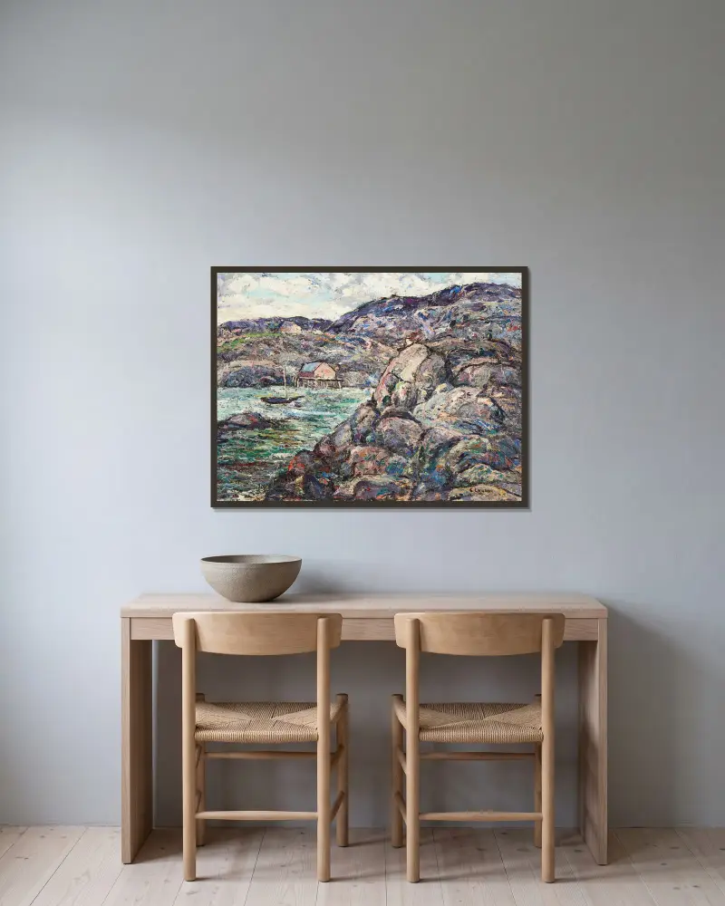 Rocky Coast, Nova Scotia av Ernest Lawson inramad på en vägg