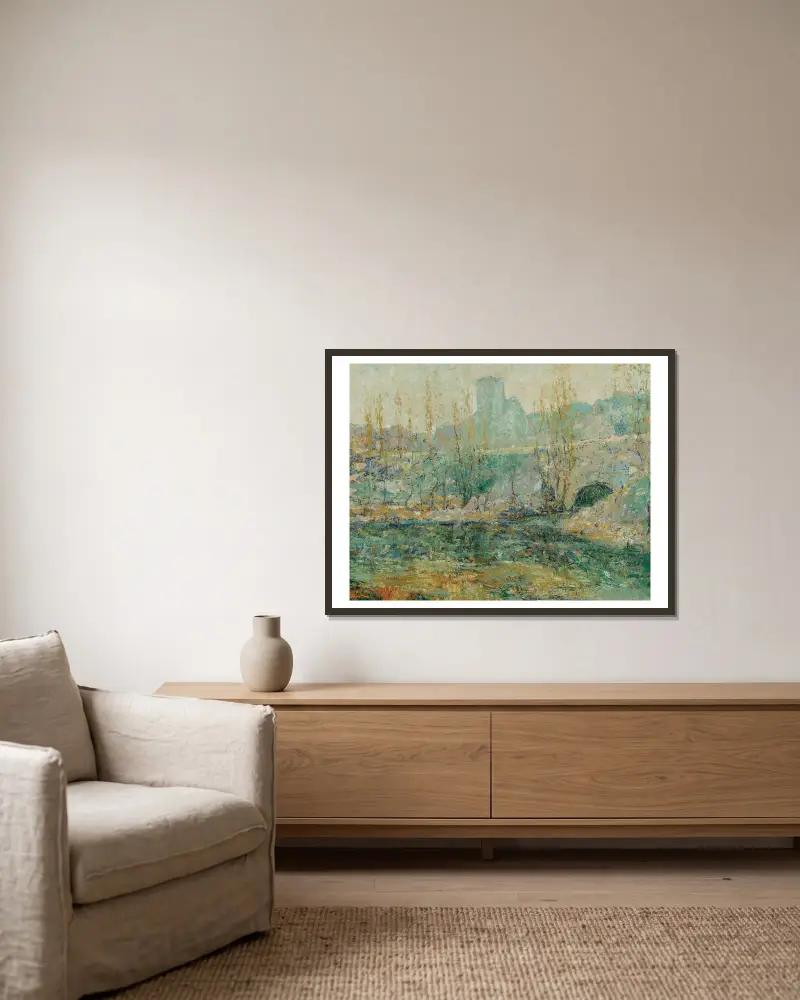 Dammen och Gapstow Bridge, New York City av Ernest Lawson inramad på en vägg
