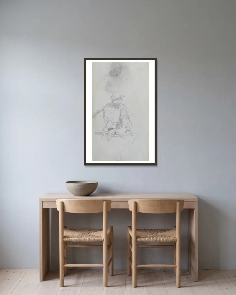 Sittande mansfigur och figur i profil av Ernest Meissonier inramad på en vägg
