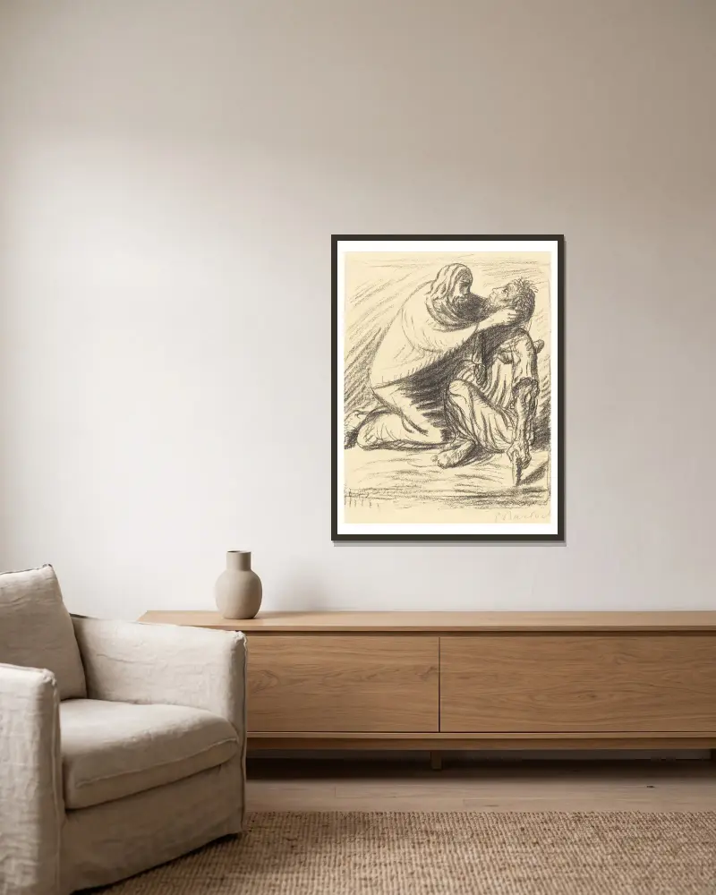 Selig sind die Barmherzigen von Ernst Barlach gerahmt an einer Wand