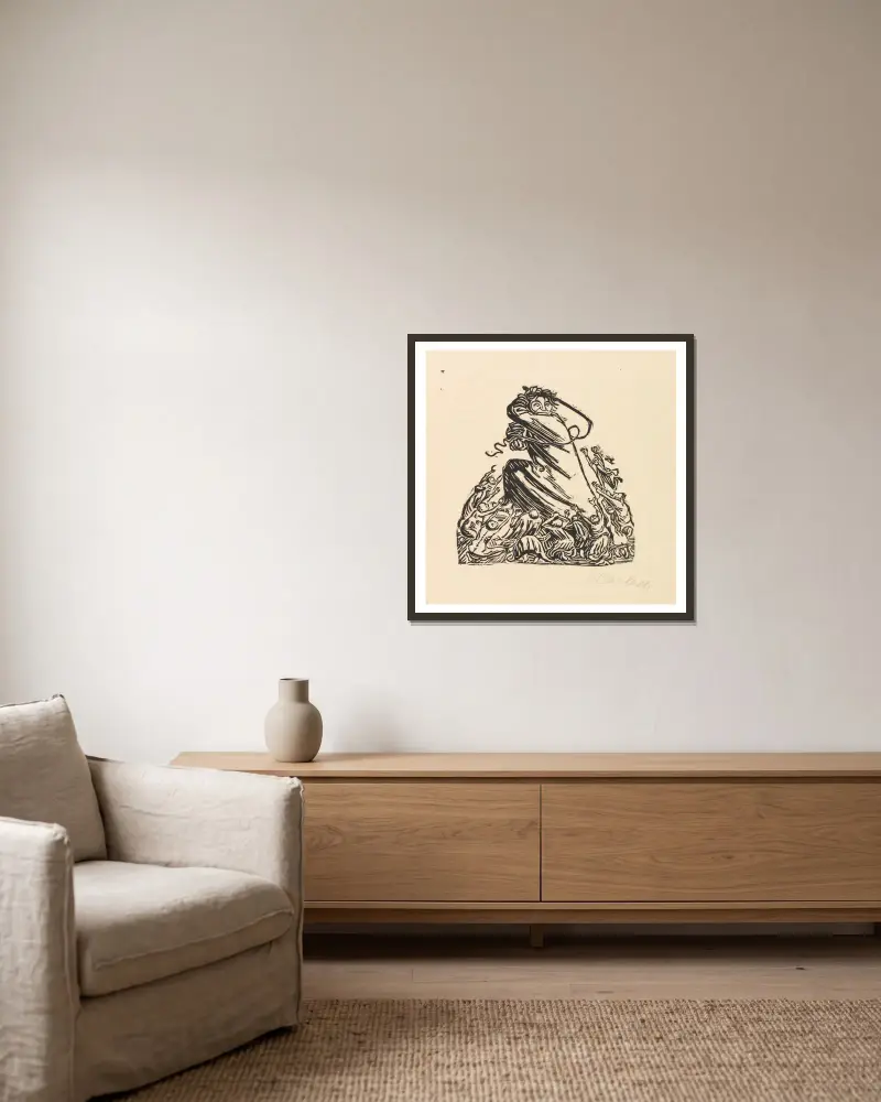Holzschnitt aus Der Kopf von Ernst Barlach gerahmt an einer Wand