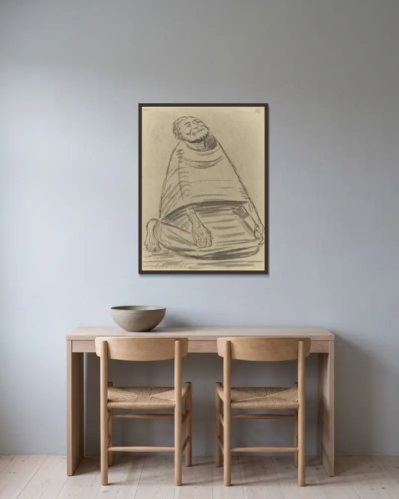 Kniender Mann von Ernst Barlach gerahmt an einer Wand