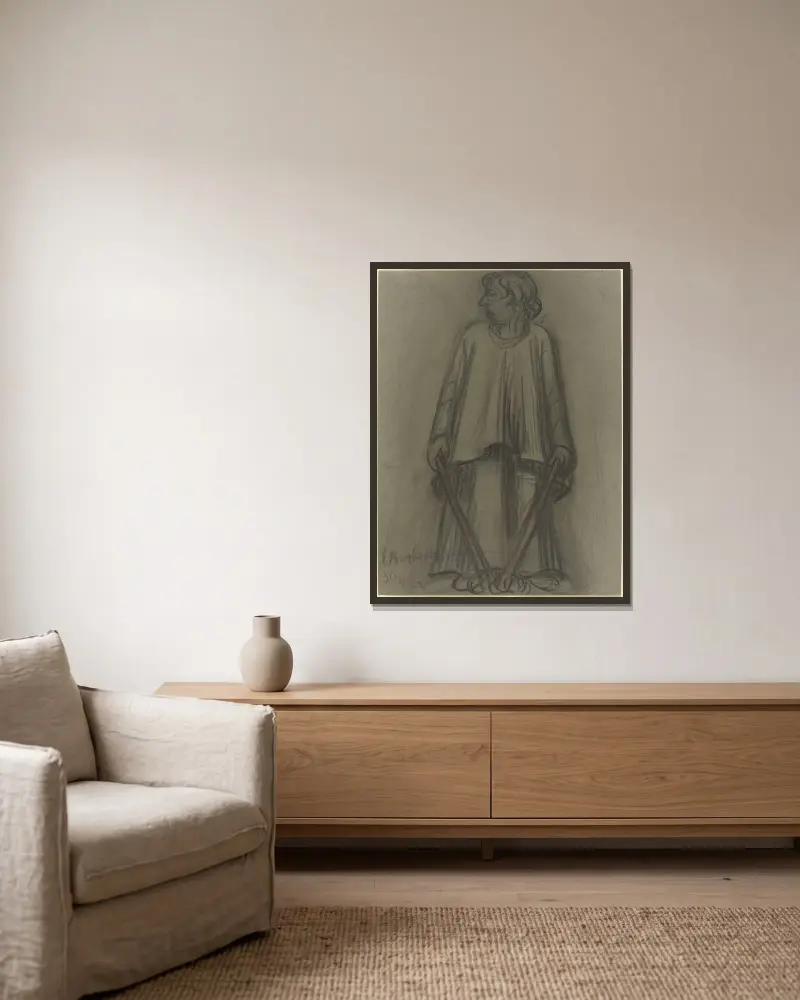 Stehende Figur mit erloschenen Fackeln von Ernst Barlach gerahmt an einer Wand